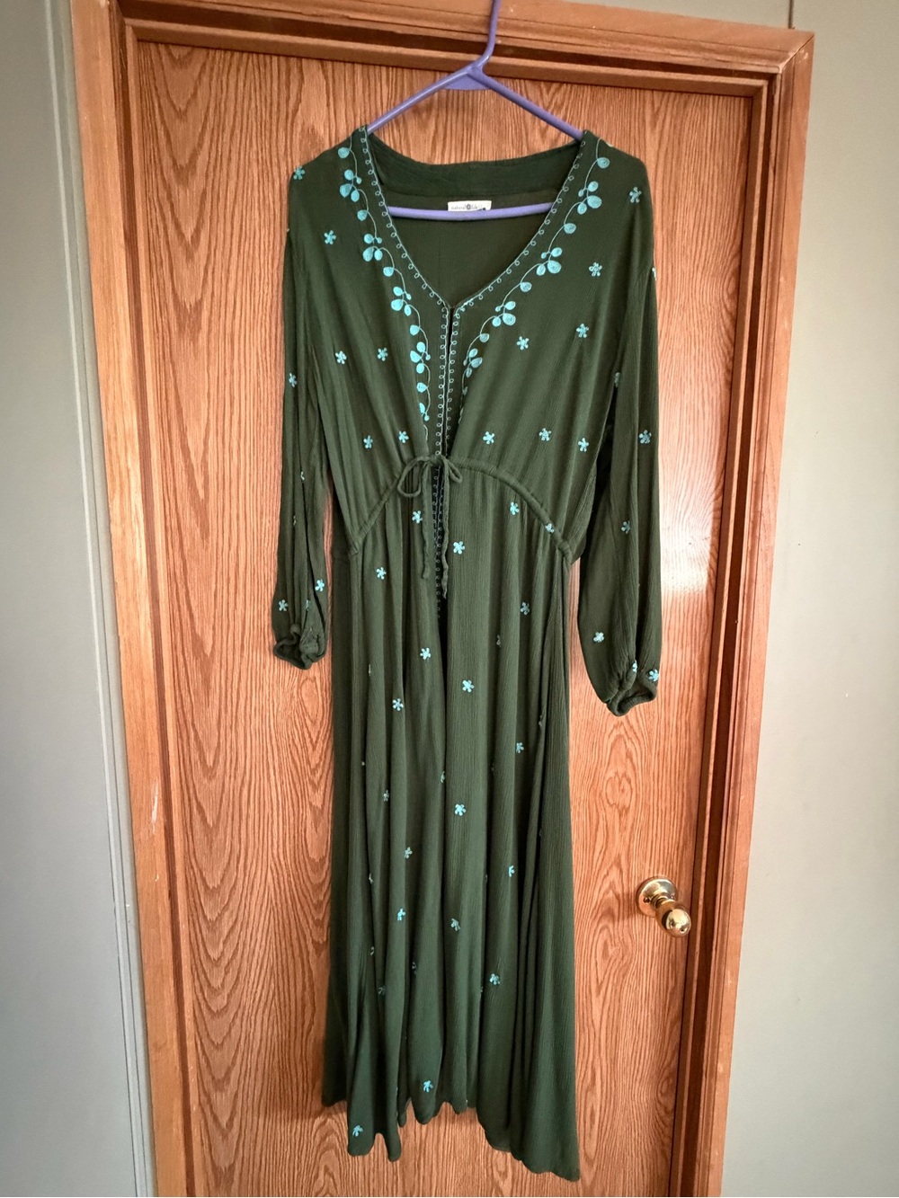 NATURAL LIFE Olive Green Maxi Dress with Teal Embroidery